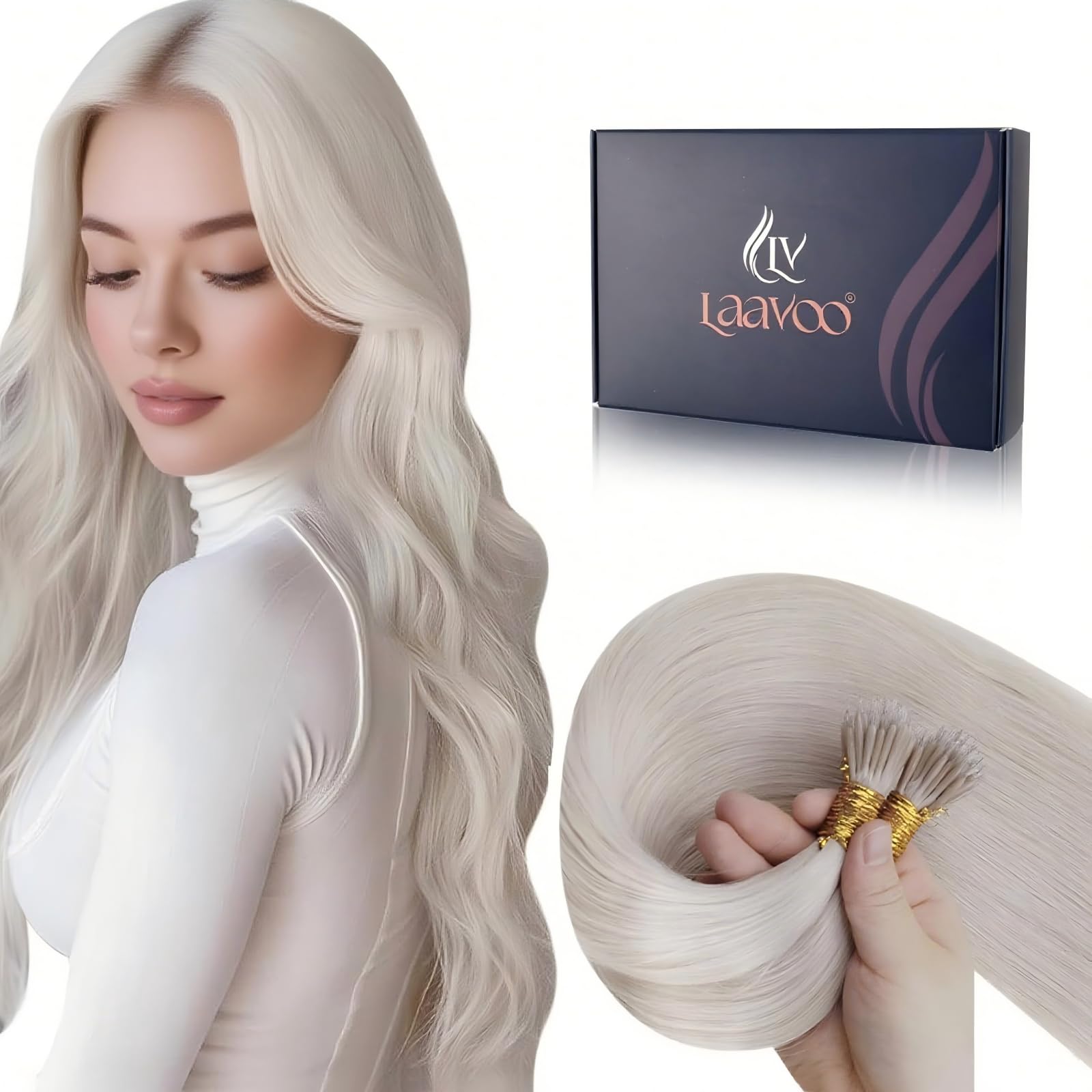 LaaVoo Nano Hair Extensions Real Human Hair 100g Full Head Nano Beads Hair Extensions Platinum Blonde Invisible Nano Ring Straight Remy Hair 100s 14 Inch #60 — image 1