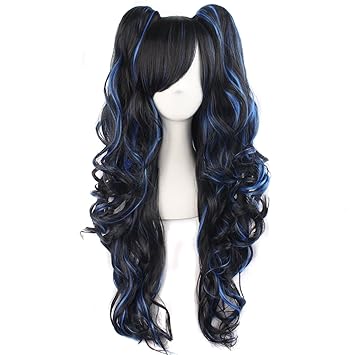 MapofBeauty farbige Lolita lange lockige geheftet auf Pferdeschwanz Cosplay Perücke (Schwarz blau)