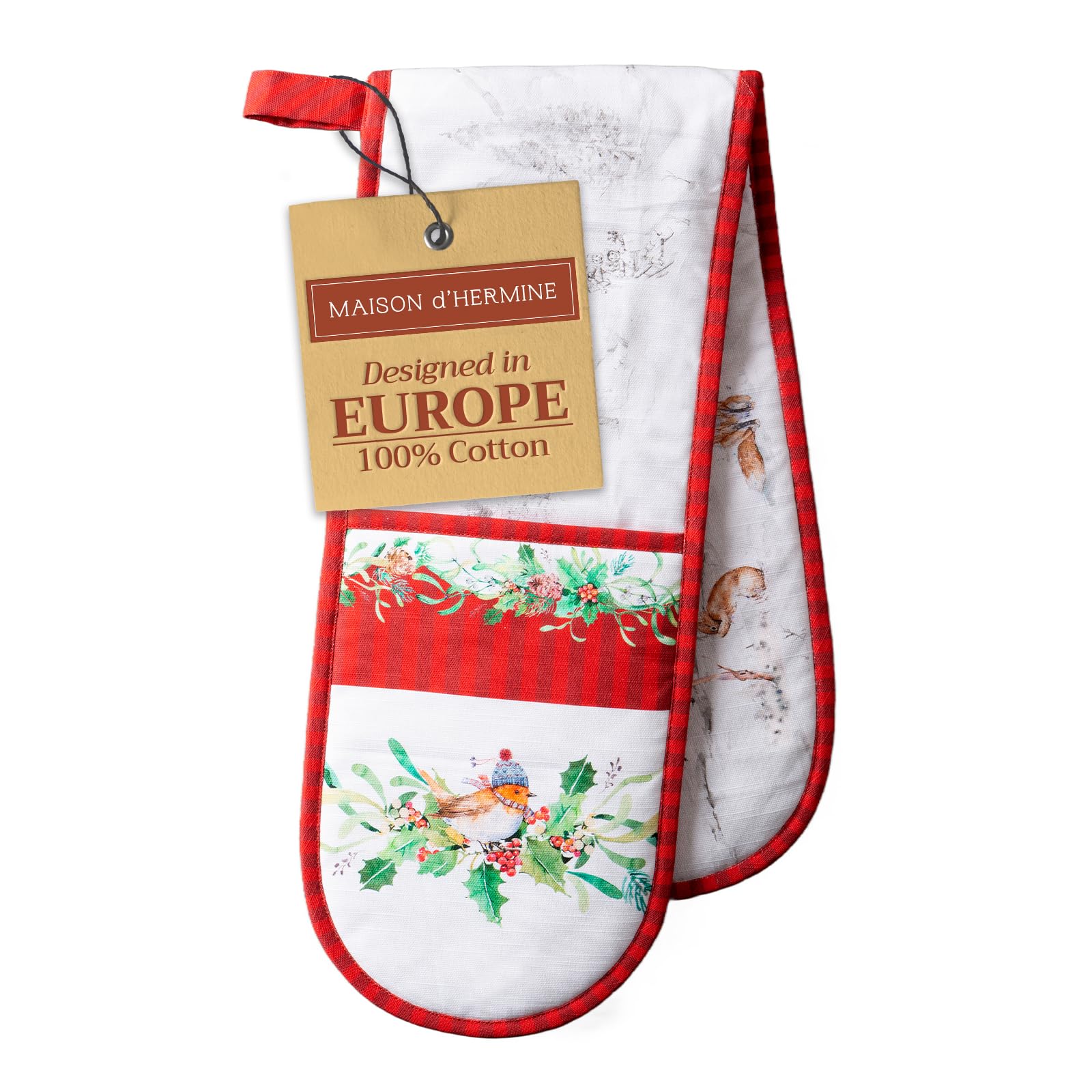 Maison d' Hermine Double Oven Mitt (18 cm x 89 cm) 100% Cotton Heat Resistant BBQ Cooking Gloves with Loop for Christmas Decorations Baking Cooking Barbeque Handling Hot Pan (Christmas Tradition)