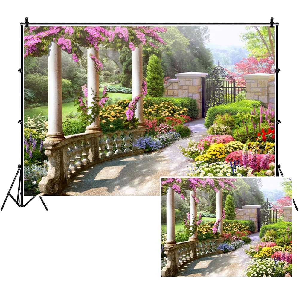 SDOTPMT 8x6ft Spring Beautiful Garden Polyester Backdrop Vintage Garden Architecture Pillars Blooming Flowers Background Outdoor Wedding Portraits Photo Studio Props Wallpaper