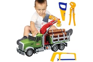 15 Inch Friction Powered Timber Truck Toy with Loading Crane, 6 Wooden Logs & Lights/Sounds - Play Vehicle Gift for Boys Girl