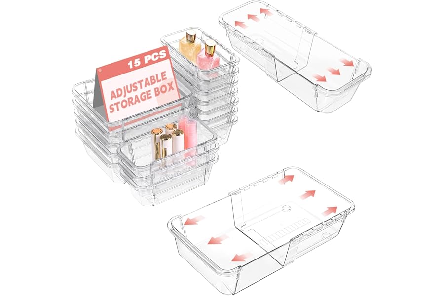 15 Pcs Extendable Clear Drawer Organizer, All Adjustable Vanity Storage Box, 2-Size Desk Drawer Organizer, Acrylic Storage Bins for Makeup, Cosmetic, Bedroom Dressers Tool Organizer for Gadgets