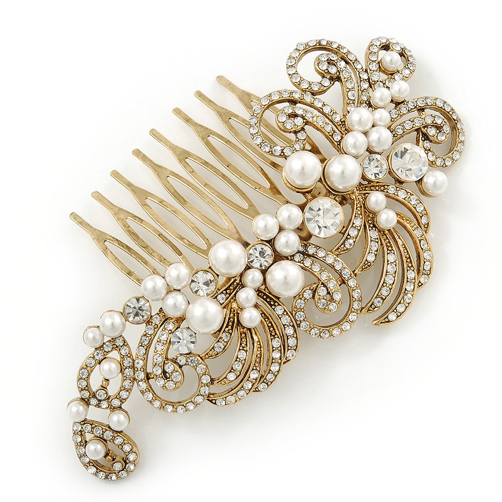 Vintage Inspired Bridal/Wedding/Prom/Party Gold Tone Clear Crystal, Simulated Pearl 'Feather' Side Hair Comb - 100mm