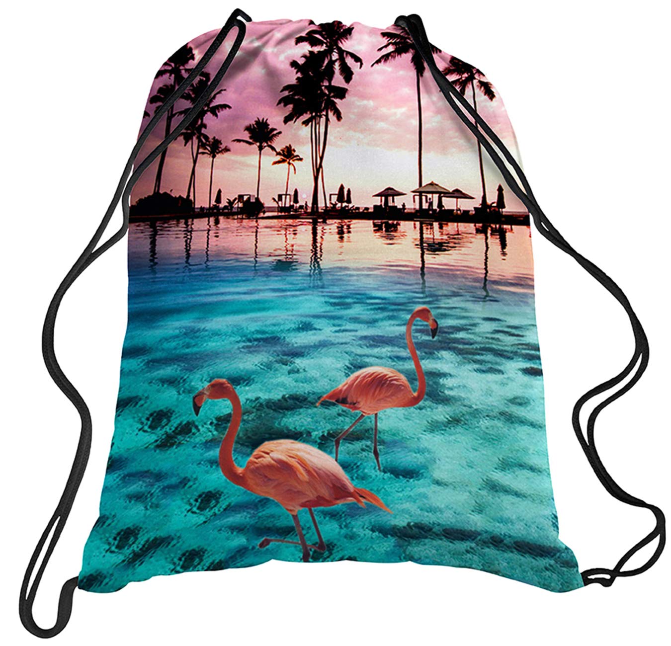 TUONROAD Childrens Travel Hiking School Drawstring Backpack 3d Custom Prints Lightweight Vacation Holiday Beach Theme Palm Tree Pink Flamingo Light Blue Seawater Sunset Glow Cute String Sack Pack