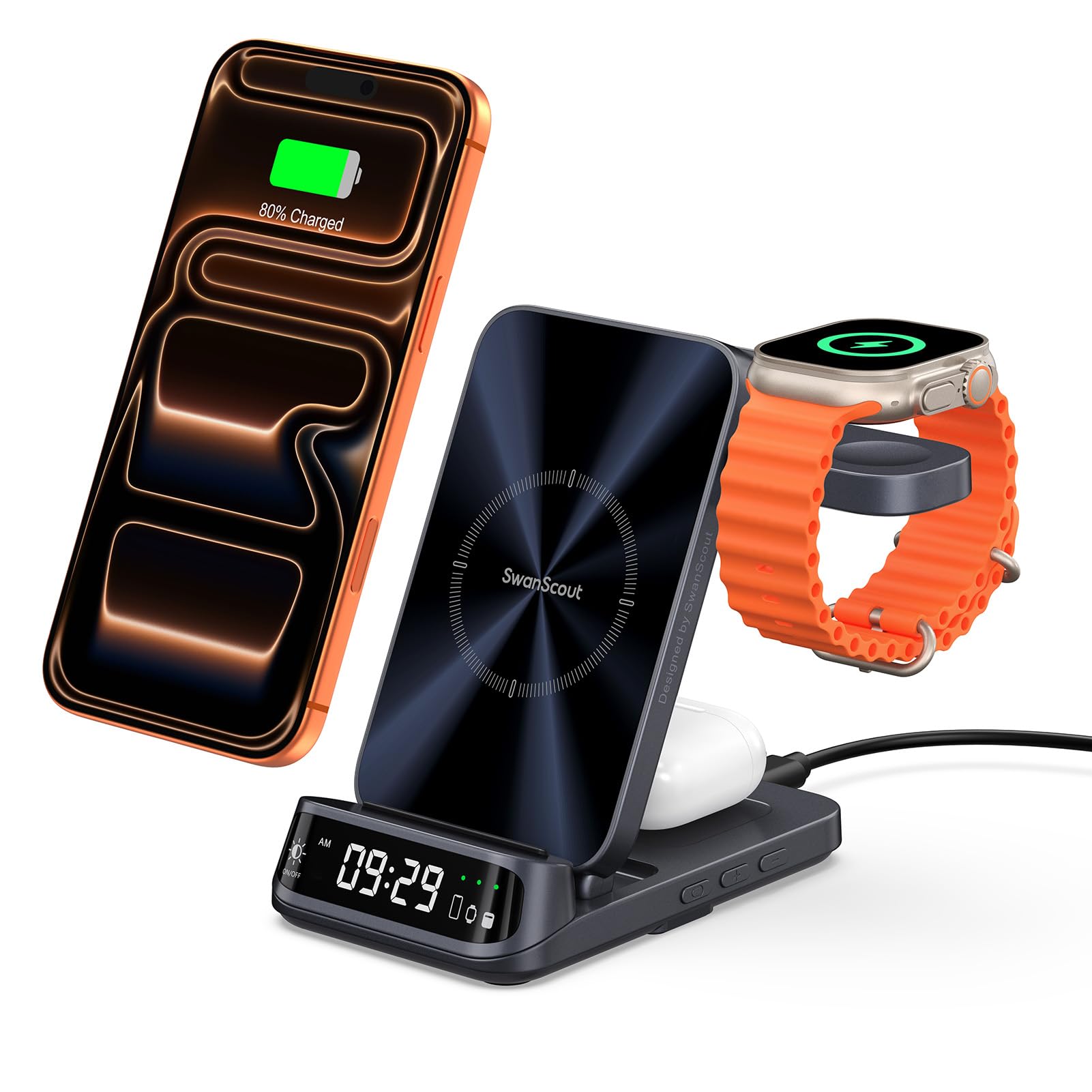 SwanScout Wireless Charger for iPhone, 3 in 1 Charging Station for iPhone 17/Air/16/15/14/13/12, Foldable Charging Stand for Apple Watch Ultra 3/11/10/9/8/7/6, for AirPods, SwanScout 708A (NO Adapter)
