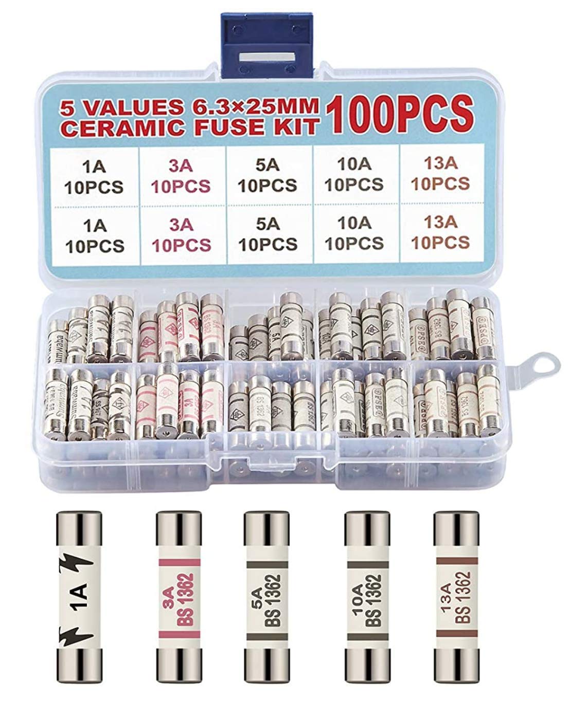 Tech Traders 5 Values 100 Pcs 1 3 5 10 13 A amp 240V volt 0.248x0.984 Inch Ceramic Tube Fuses,6.3x25 mm BS1362