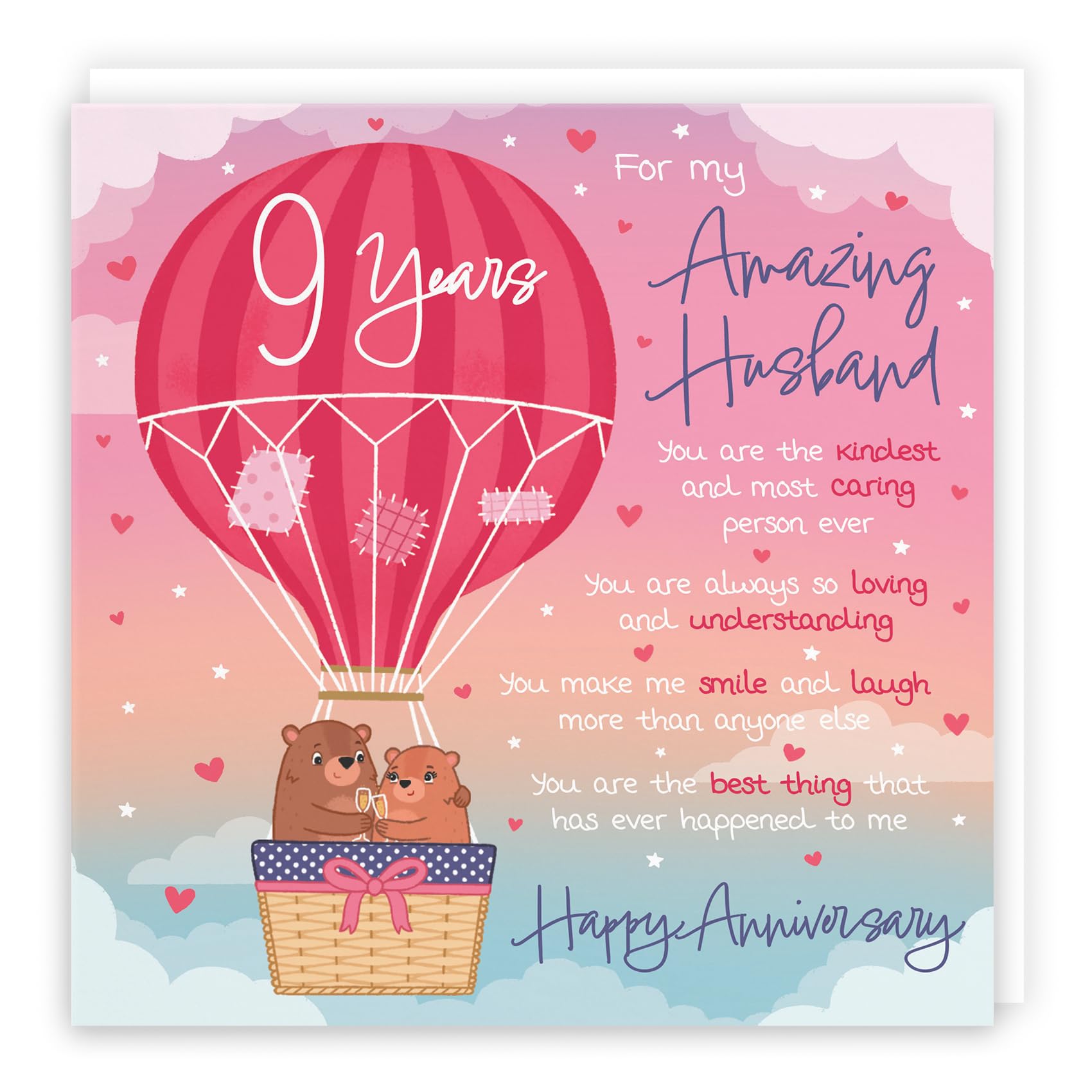 Hunts England - Husband 9th Anniversary Poem Card - Love Is In The Air - Beautiful Love Verse - Cute Bears - Luxury 9th Anniversary Card For Husband - Romantic 9 Years Husband Anniversary Card — image 1