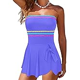 popvil Strapless One Piece Swimsuits for Women 2026 Tummy Control Swim Dress Bandeau Bathing Suit with Colorful Trim Cute Bow