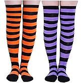 SUMERSHA 2 Pairs Women's Long Striped Socks Over Knee High Stockings for Women Girls Halloween Costume Party Accessories Thigh High Witch Socks, Orange Black, Purple Black