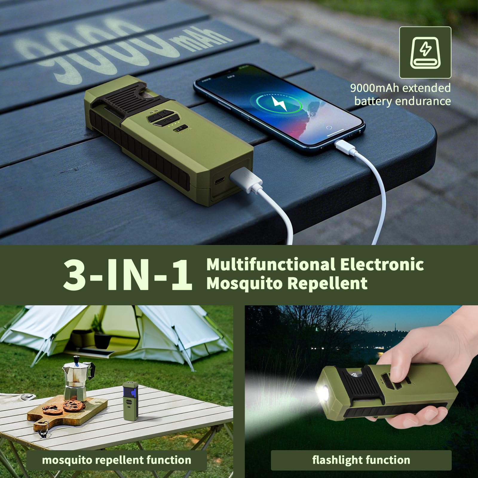 WhiteRhino 3-IN-1 Outdoor Mückenschutz mit Taschenlampe, Elektrisch Mückenschutz mit Beidseitiger Heizung, IP67 Wasserdicht, 9000mAh Akku, für den Außenbereich, Terrasse, Hof, Reisen (Grün) 3