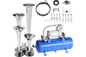 SUXIDI 150DB Train Air Horn Kit, 4 Trumpet Loud Train Horns Kit for 150 PSI 12V Air Compressor 1.59 Gallon for Trucks, Cars, Van Boats Super Loud Air Horn(Blue)
