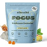nika aiko Focus Mushroom Gummies, Boost Brain Health, Productivity, Mental Clarity, Sugar-Free, Gluten-Free, Vegan with Lion’s Mane, Cordyceps, Green Tea & Multivitamin, Citrus Flavor, 60 Count