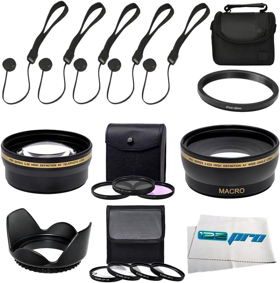 62mm I3ePro-Advanced Accessory Bundle Featuring: 62mm UV-CPL-FLD Filters w/Case + 62mm +1 +2 +4 +10 Close-Up Macro Lenses + 0.45x Wide Angle Lens For 62mm Lens + 2x Telephoto Lens For 62mm Lens + 62mm Tulip Lens Hood + Soft Padded Carry Case (Small) + (5) Lens Cap Keeper + I3ePro Ultrasoft Cleaning Cloth Kit