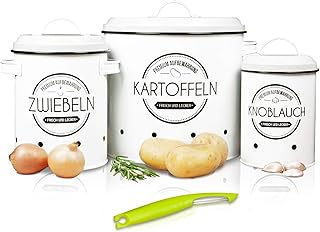 LOFTASTIC® Vorratsbehälter Set inkl. Sparschäler I Perfekt als Kartoffeltopf, Knoblauchtopf und Zwiebeltopf I Die stilvollste Art für noch länger frisches Gemüse