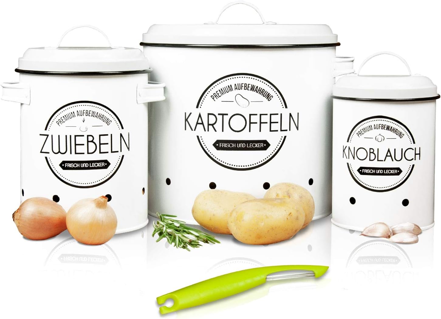 LOFTASTIC® Vorratsbehälter Set inkl. Sparschäler I Perfekt als Kartoffeltopf, Knoblauchtopf und Zwiebeltopf I Die stilvollste Art für noch länger frisches Gemüse
