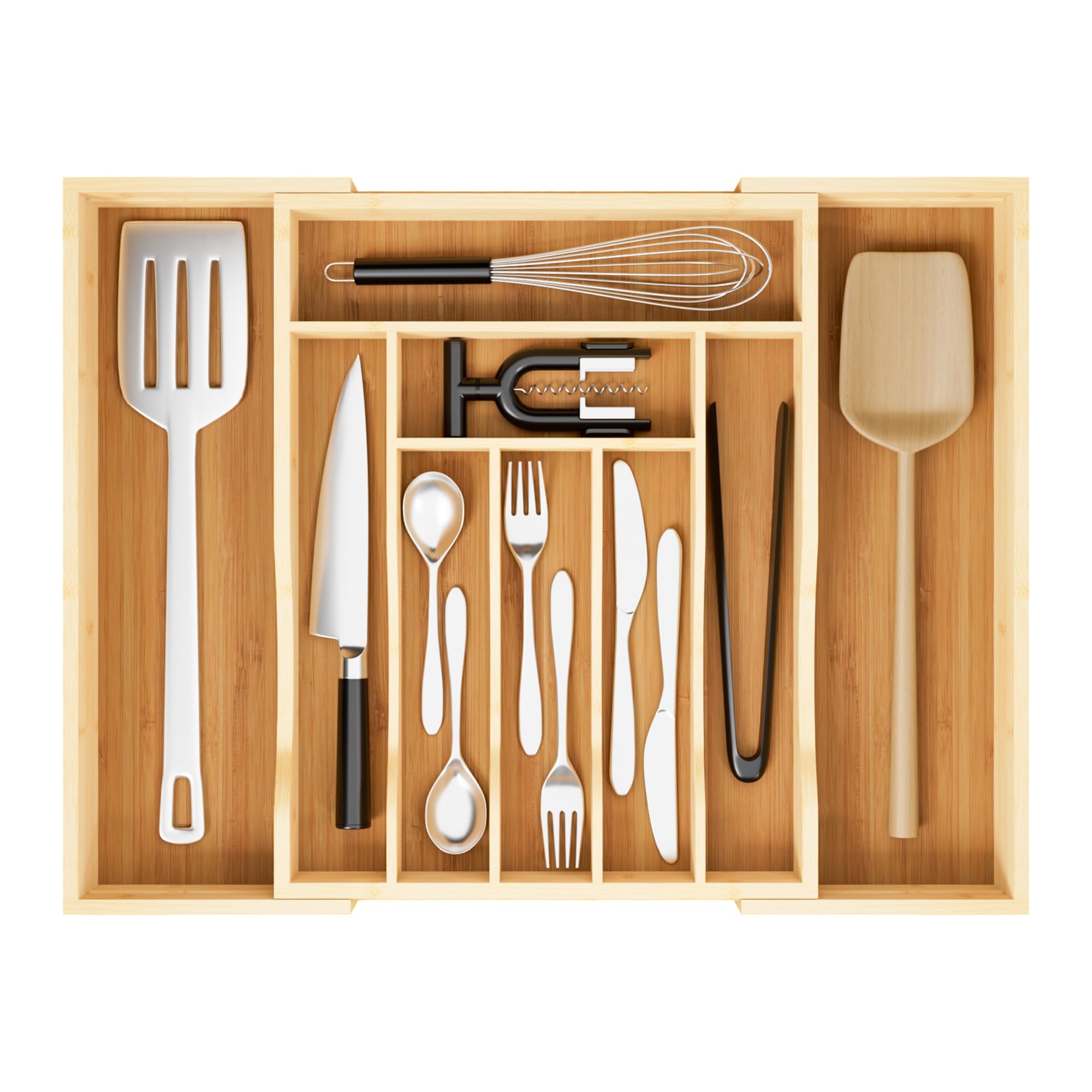 Photo 1 of Azaeahom Expandable and Adjustable Bamboo Drawer Organizer Tray - Cutlery Drawer Organizer for Kitchen Utensils, Silverware Organizer with Dividers, 7-9 Slots with Curved Grooves (Natural)