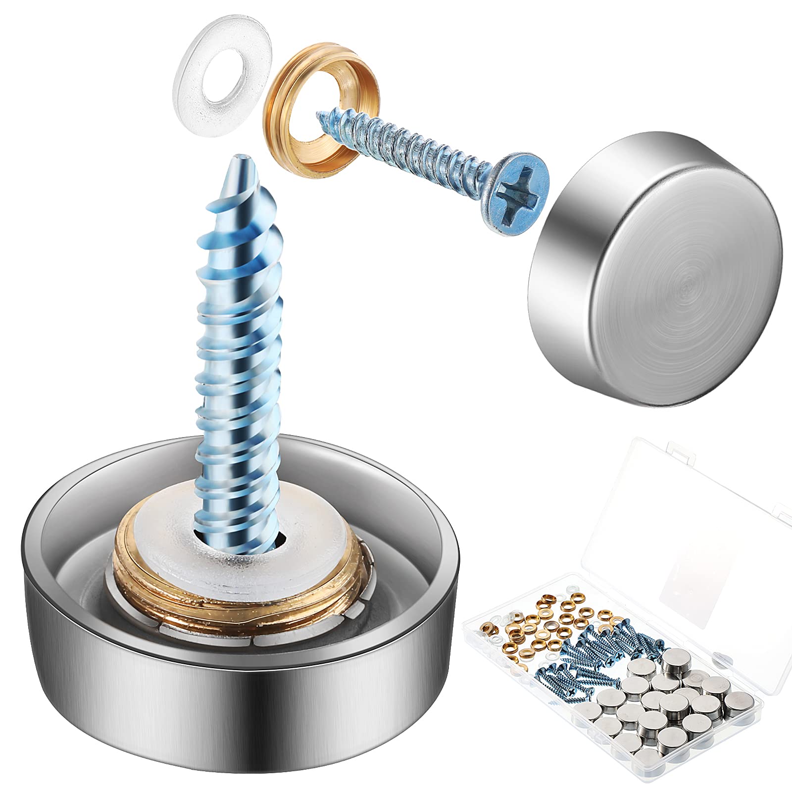 32 Pack Decorative Mirror Screws with Caps 16mm Stainless Steel Screw Cover Fixing Screw Covers Nails Silver Mirror Fasteners Self-Tapping for Sign Advertising Hardware Construction Cabinet Doors