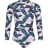 Tame the Sun Long Sleeve Girls Swimsuit - Rash Guard One Piece Bathing Suit - UPF 50+ Zipper Girls Swimwear (Palm, 8)