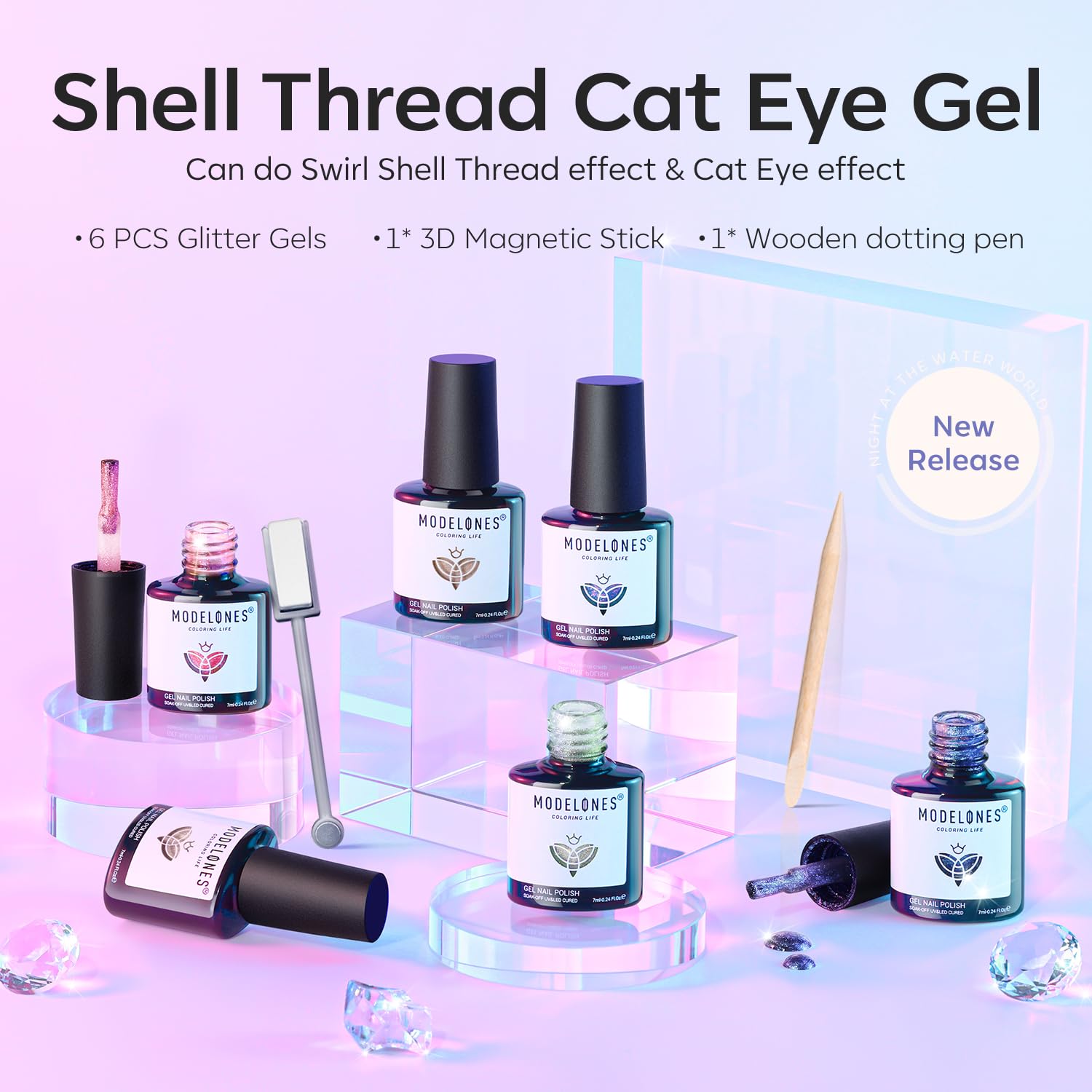 Modelones Pearl Gel Nail Polish, 6 Colors Shimmer Cat Eye Magnetic Nail Drawing Set with Magnet, Iridescent Mermaid Swirl Shell Thread Purple Pink Blue Glitter, Summer DIY Manicure Gift for Women Girl - Image 8