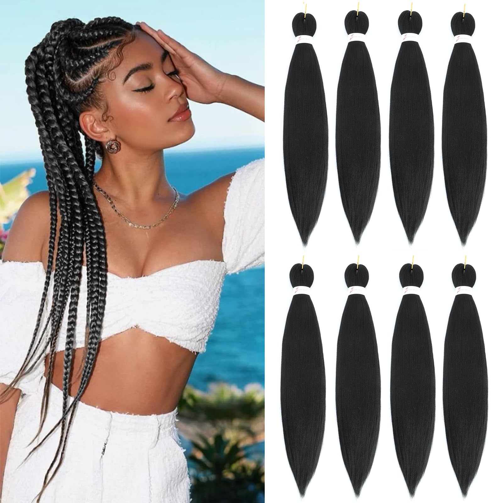 Braiding Hair Pre Stretched 24 Inch 8 Packs Long Braiding Hair Extension Pre Stretched Braiding Hair Professional Synthetic Hair For Braiding Hot Water Setting Soft Yaki Texture(24", 1B-8P) โ image 1