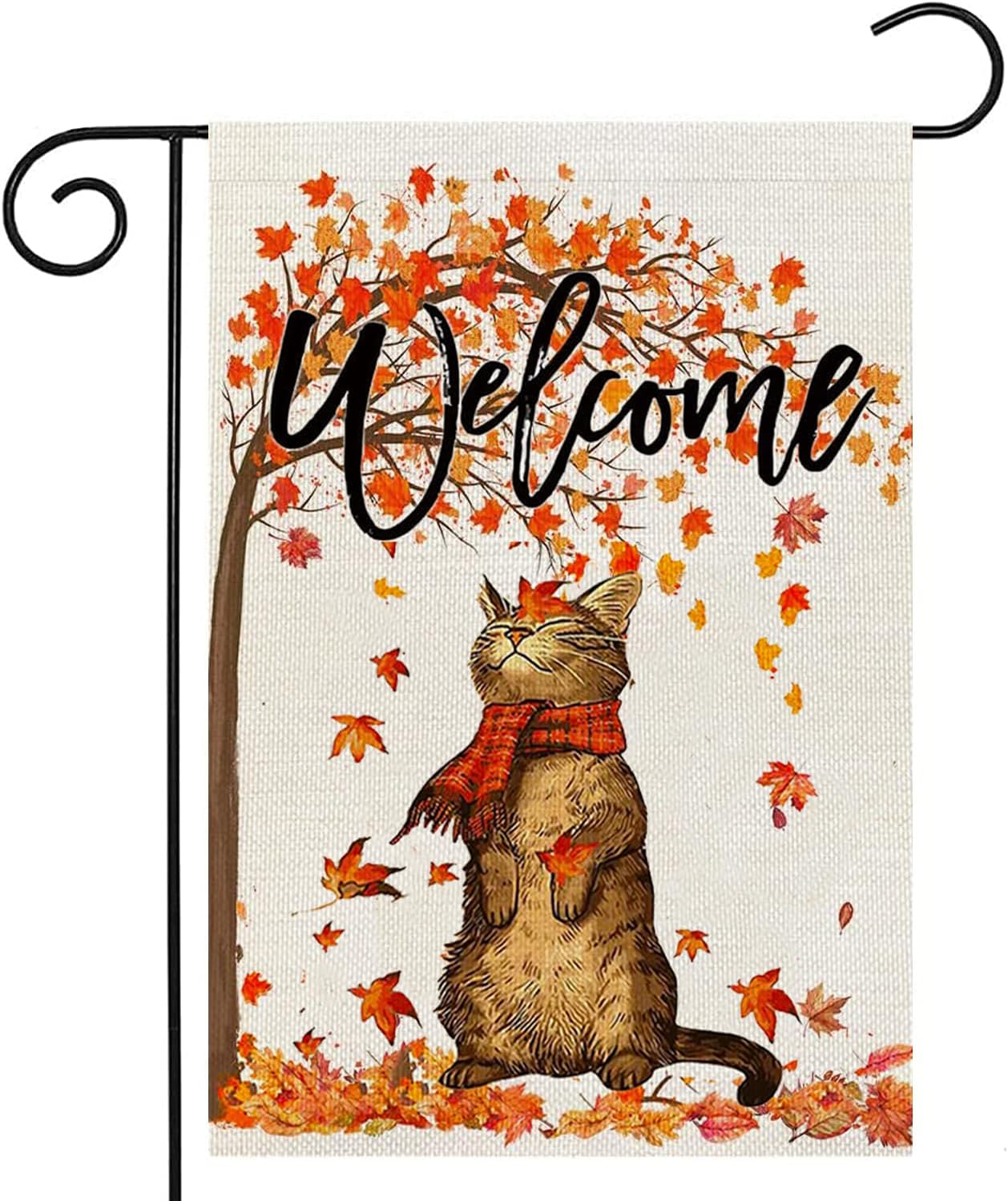 Flags - Fall Garden Flag, Welcome Fall Flags 12x18 Double Sided, Maple Leaves Cat Small Burlap Yard Flags for Farmhouse Front Porch Lawn Outdoor Autumn Holiday Decor