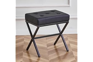 Cpintltr Ottoman Foot Stool Tufted Vanity Stool Ottomans Thickened Cushion Footstool Mulifunctional Shoe Changing Seat Step Stools with Metal X Leg for Living Room Bedroom Faux Leather Black