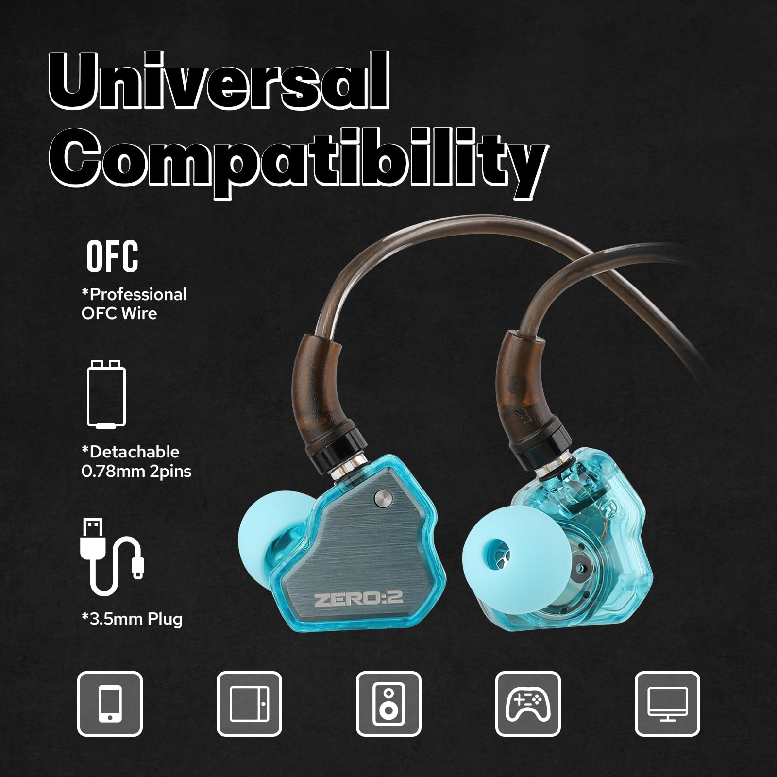 Linsoul 7Hz x Crinacle Zero:2 in Ear Monitor, Updated 10mm Dynamic Driver IEM, Wired Earbuds Earphones, Gaming Earbuds, with OFC IEM Cable for Musician (Without MIC, Blue)