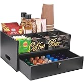 Intarsio 2-Tier Coffee Bar Organizer with Clear Acrylic Top, Built-in Drawer and Leather Handle Pull for Countertop, Stylish Coffee Station Storage Box for Accessories, Pods, Great Gifts for Home