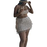 CALEBGAR Women 2 Piece Outfits Sexy Crochet Mini Dress Hollow Tassel Skirts Sets Summer Bandage Tube Tops