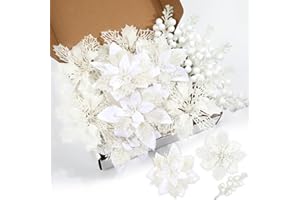 Sawowkuya 22 Pcs White Christmas Poinsettia Artificial Flowers and Glitter Berries Stems Kit, Christmas Poinsettias Decorations and Christmas Tree Ornaments for Xmas Home Wedding Holiday Tree Decor