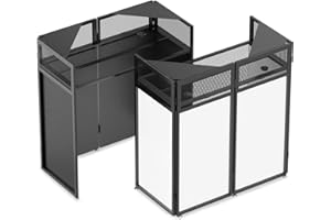 YooKoo Foldable DJ Booth with Two Top Trays, Tool-Free Assembly, DJ Table with White & Black Scrims, Metal Frame DJ Facade, DJ Stand with Cable Hole and Carry Bag, for Parties & Events & Small Studios
