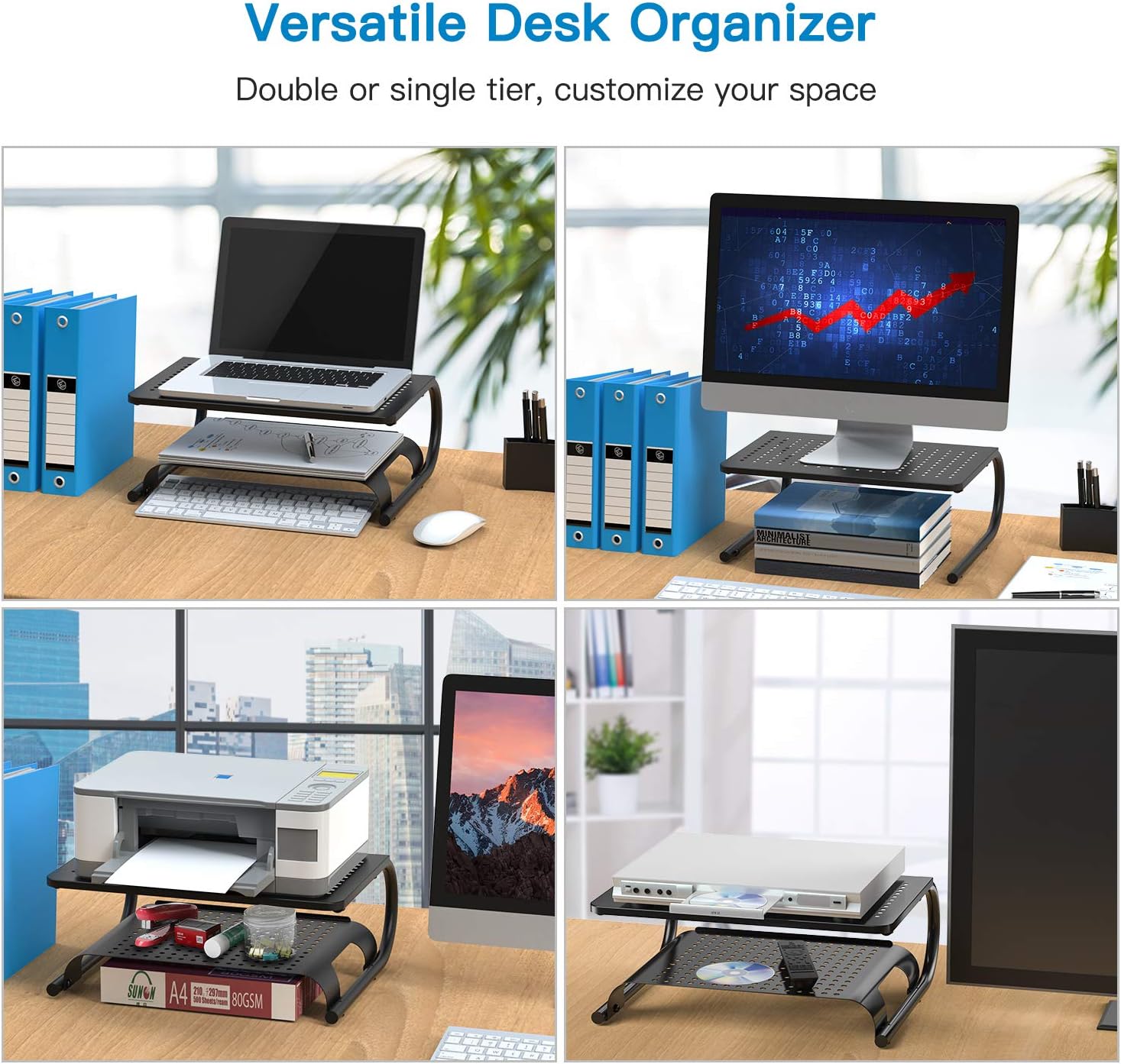 Monitor Stand Riser with Vented Metal Base, 2 Tier Desk Organizer Stand for Laptop Computer, Desktop Printer Stand with Anti-Slip Pads Holds 44lbs, Versatile as Storage Shelf & Screen Holder by HUANUO : Office Products