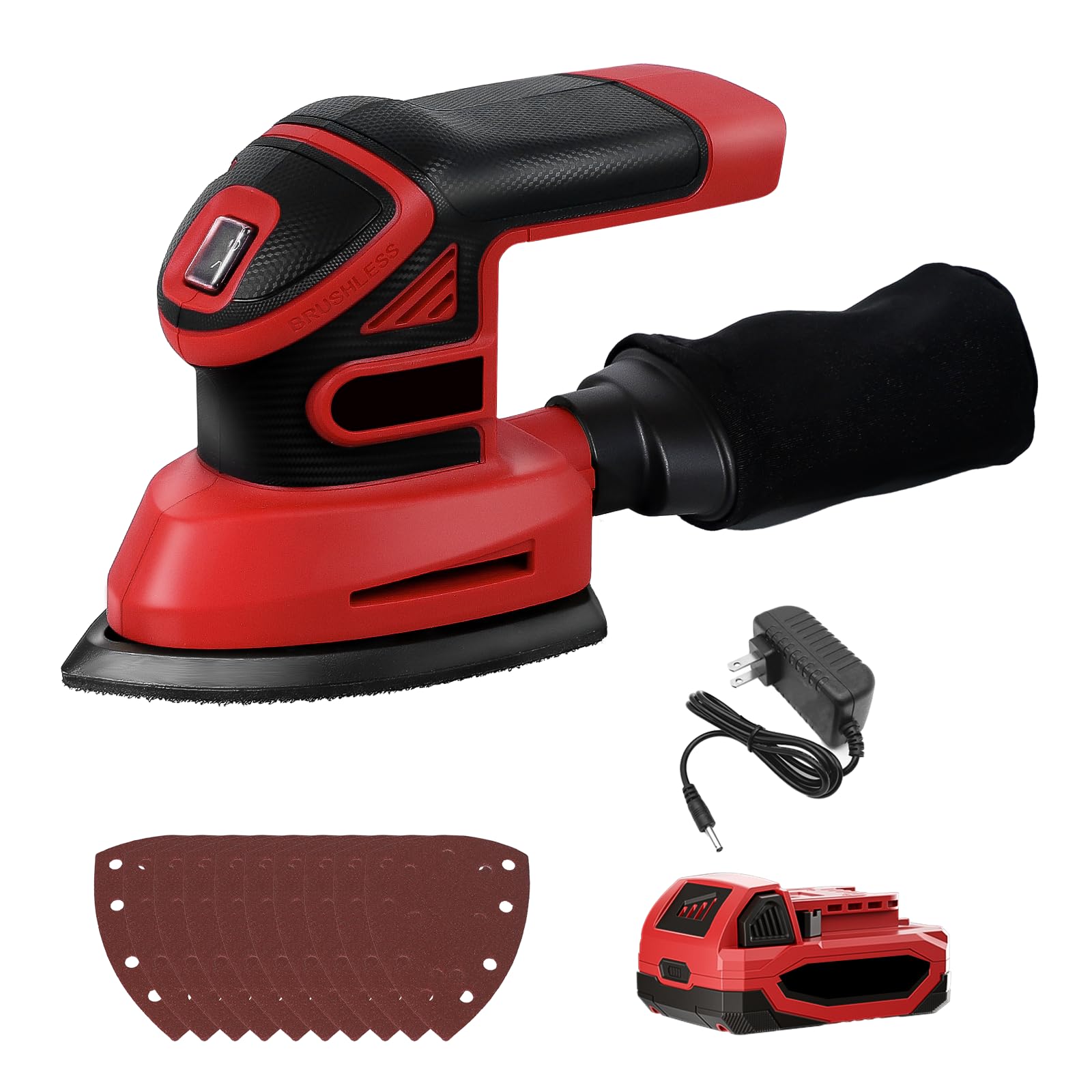 Photo 1 of 1.9Amp Cordless Detail Sander Compatible with Milwaukee 18v Battery, Dust Collector, Brushless 12,000 OPM Speed, Compact Soft Palm Grip, 10pcs Sanding Pads, 2.0Ah Charger & Battery Kit (Red)