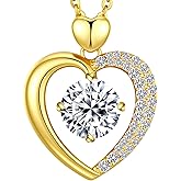 Beam & Bask Moissanite Heart Pendant Necklaces for Women, Engraved with LOVE, Sterling Silver Plated with 18K Gold, Anniversary and Birthday Jewelry for Wife, Girlfriend, Mom, or Her