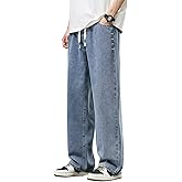 DFGIGT Men's Regular Fit Straight Leg Baggy Jeans Drawstring Elastic Waist Loose Fit Y2K Denim Pants with Pockets