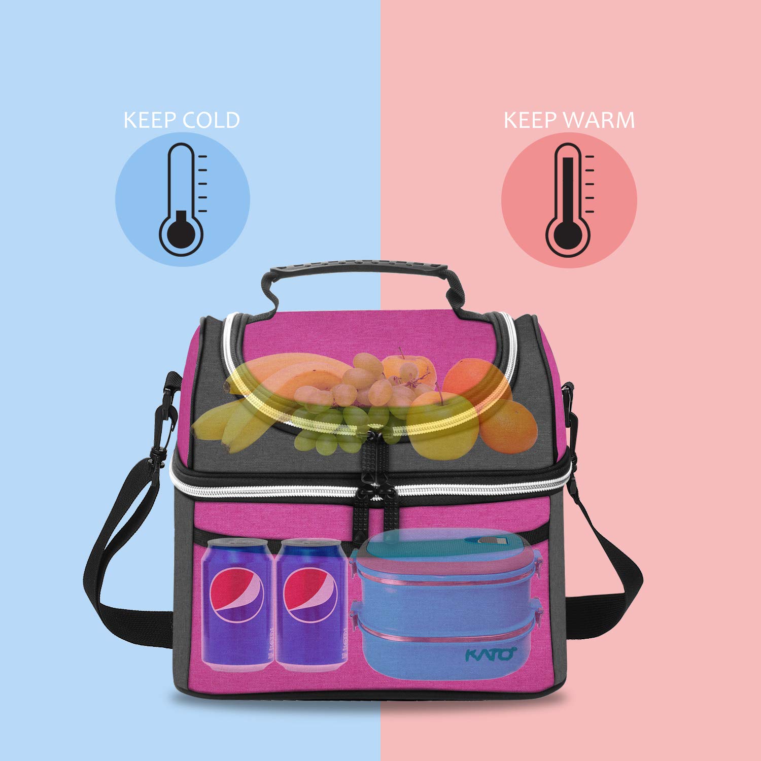 Kato Insulated Lunch Bag, Leakproof Thermal Bento Cooler Tote for Women, Dual Compartment with Shoulder Strap and Front Pocket, Oxford Cloth, Pink