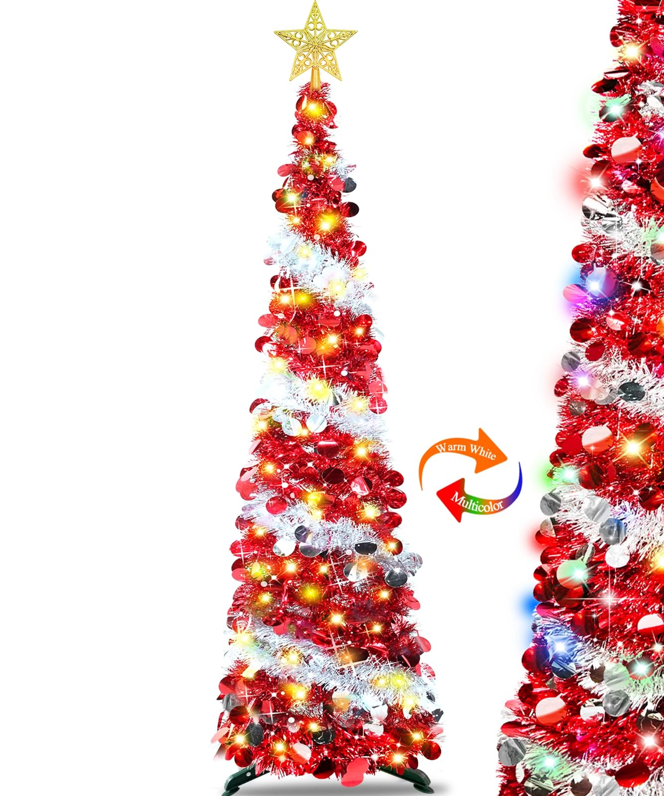 Photo 1 of [Timer &8 Modes] 5 Ft Red Pop Up Christmas Tree with 50 Lights Change Warm White & Colorful 3D Star Battery Operated Christmas Tinsel Trees Collapsible Sequins Tree for Xmas Home Indoor Party Decor