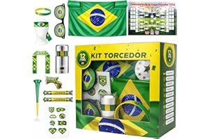 MBOX Kit Torcedor Brasil Copa 2026 12 Peças – Fantasia Completa com Faixa Cabeça, Óculos, Bandeira 150x90cm, Bastões Infláveis, Corneta, Tinta Facial e Lança Confete – Festa Churrasco