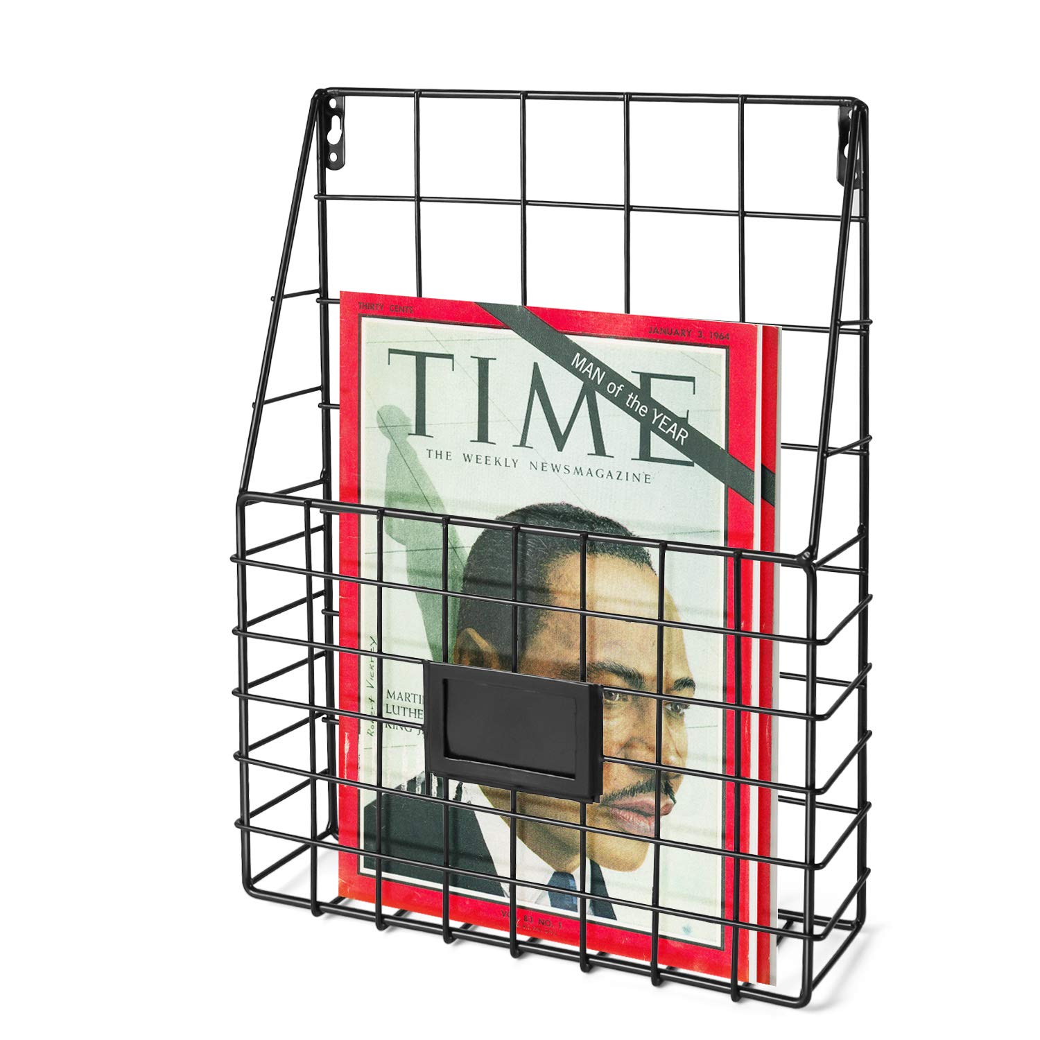 Flexzion Wall Mounted Magazine File Rack Organizer for Mail Entryway Kitchen Office Bathroom Home Basket Bin Decor Metal Wire Shelves Storage for A4 Documents Tablest DMs Comic Books Recipes, Black