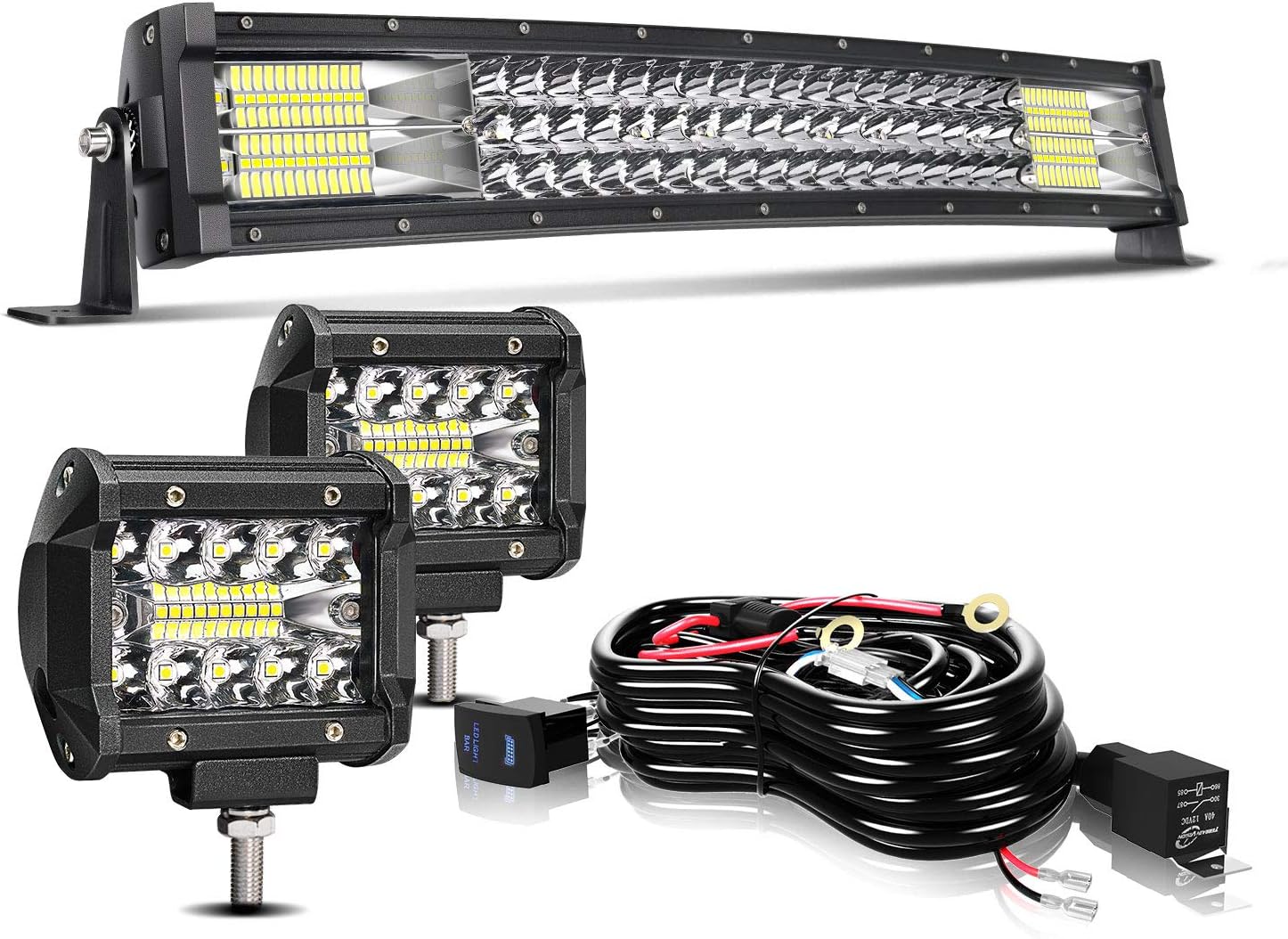 TURB0 SII 22" Curved LED Light Bar 270W Flood Spot Combo Beam Led Bar W/2Pcs 4Inch Driving Fog Lamp Off Road Lights with Rocker Switch Wiring Harness-3 Leads for Jeep Trucks Polaris ATV Boats Lighting