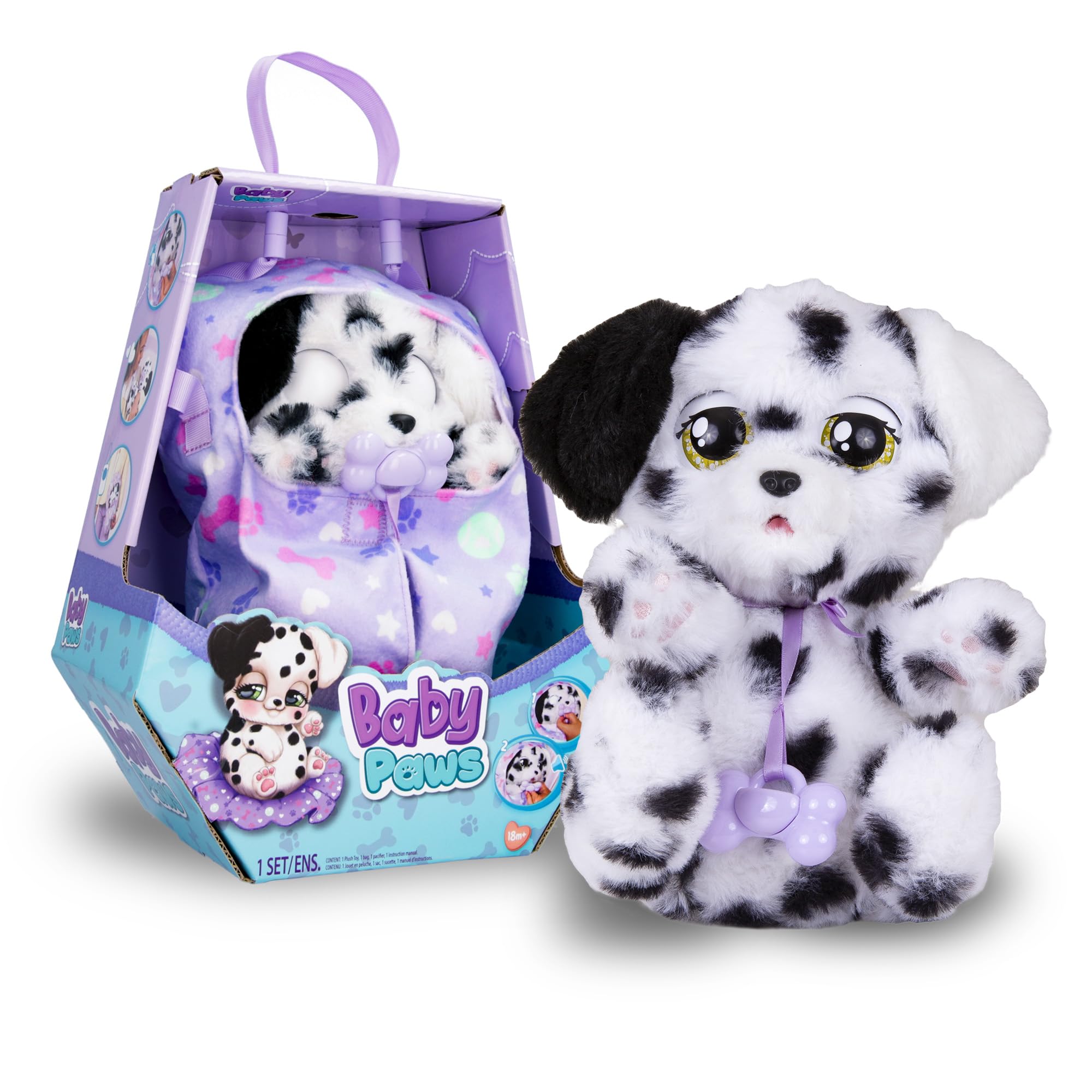 BABY PAWS Sleeping Puppies - Dalmatian An Interactive Plush Puppy Which Makes Sounds, Opens and Closes Its Eyes, and Has A Bag To Take The Puppy Around w/ You - Gift Girls and Boys +18 Months, Black