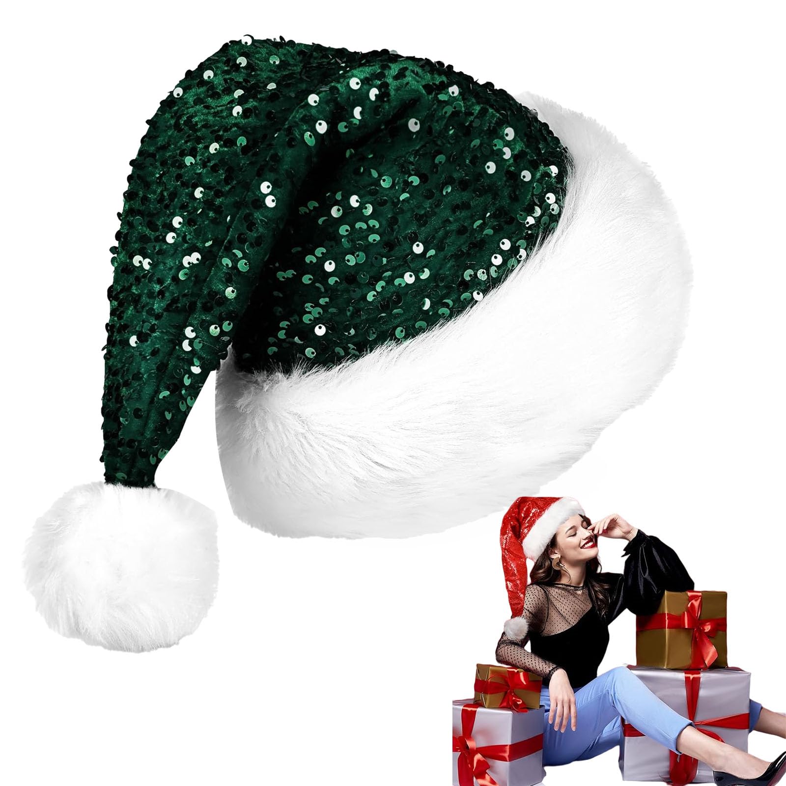 Green Sequin Santa Hat Christmas 35*45CM, Classic Velvet Plush Santa Claus Hat, Unisex Christmas Costume, Xmas Cap Party Hats for Adults, Holiday New Year Party Gifts