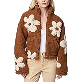 HOULENGS Women's Floral Print Sherpa Fleece Jackets Casual Long Sleeve Zipper Cropped Coat Winter Outwear with Pockets
