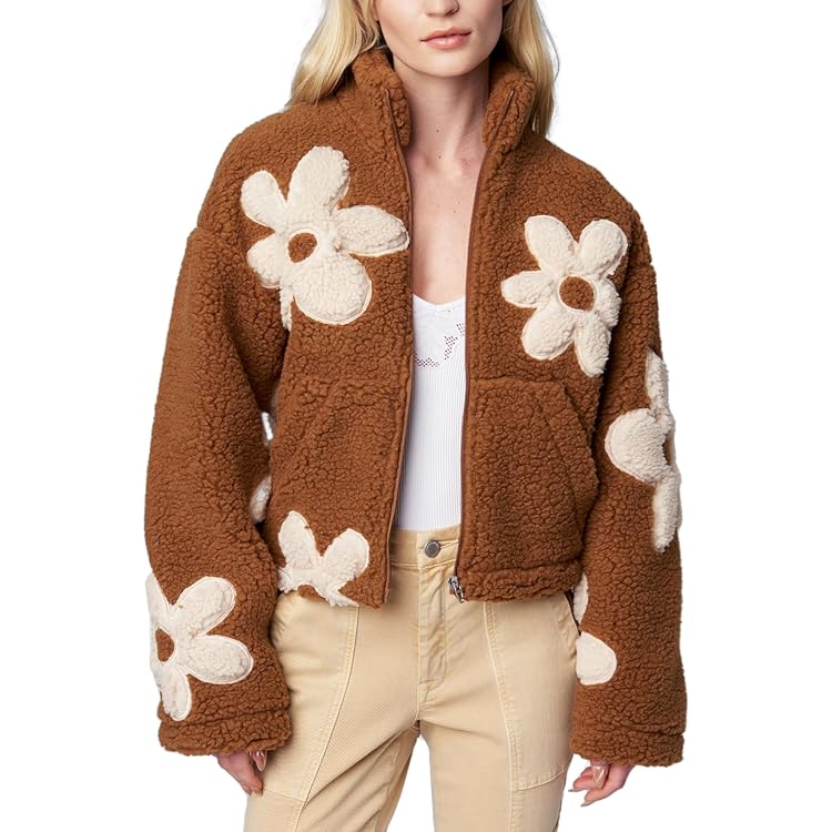 chouyatou Women's Fuzzy Fleece Cute Floral Jacket Zip Up Winter