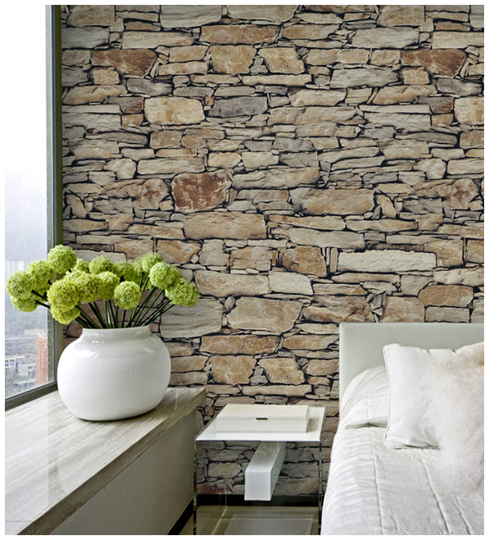 HaokHome 8067 Vintatge Stone Wallpaper Rolls Sand/Taupe/Khaki Brick Realistic Designer Home Interior Decoration 20.8" x 393.7"