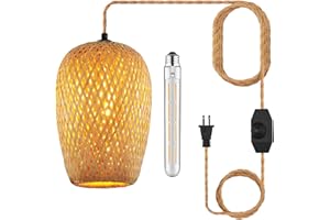 YIIZON Plug in Pendant Light Handwoven Bamboo Pendant Lamp Boho Modern Wicker Hanging Lights Rustic Country Natural Basket Hanging Lamp for Kitchen Study Bedroom Cafe 1Pack