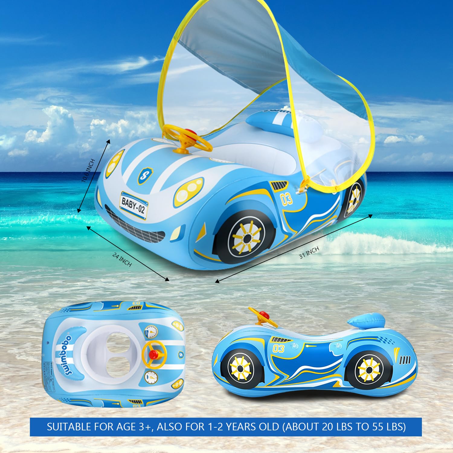 Condition photo showing New/Like New for baby pool float with canopy, pvc baby swim float with sun shade cover, 3d car toddler pool float swi