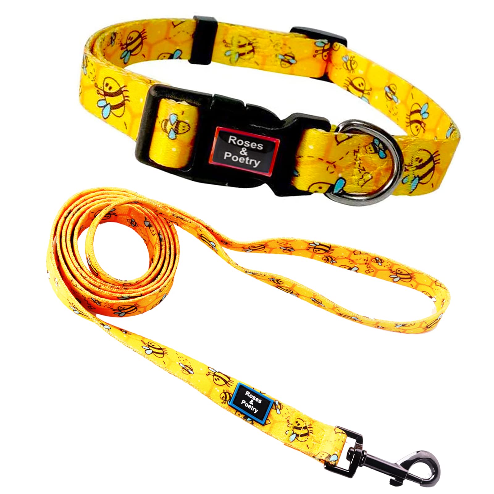 Roses&Poetry Dog Collar and Lead for Small,Adjustable Durable Bee 5ft Puppy Leash Collar for Dog Training Lead（Bee-S）
