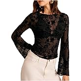 BEAUDRM Women's Floral T Shirts Sheer Mesh Crew Neck Bell Long Sleeve Fitted Crop Tops