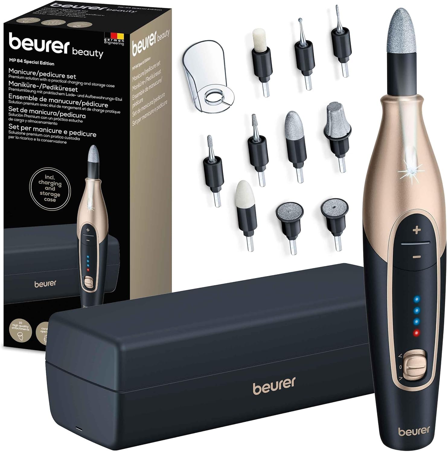 Beurer MP 84 Edition Set de manicura/pedicura, torno de uñas eléctrico con batería recargable, 10 accesorios, luz LED, estuche, hasta 4400 rpm, cortauñas para el cuidado de manos y pies, negro